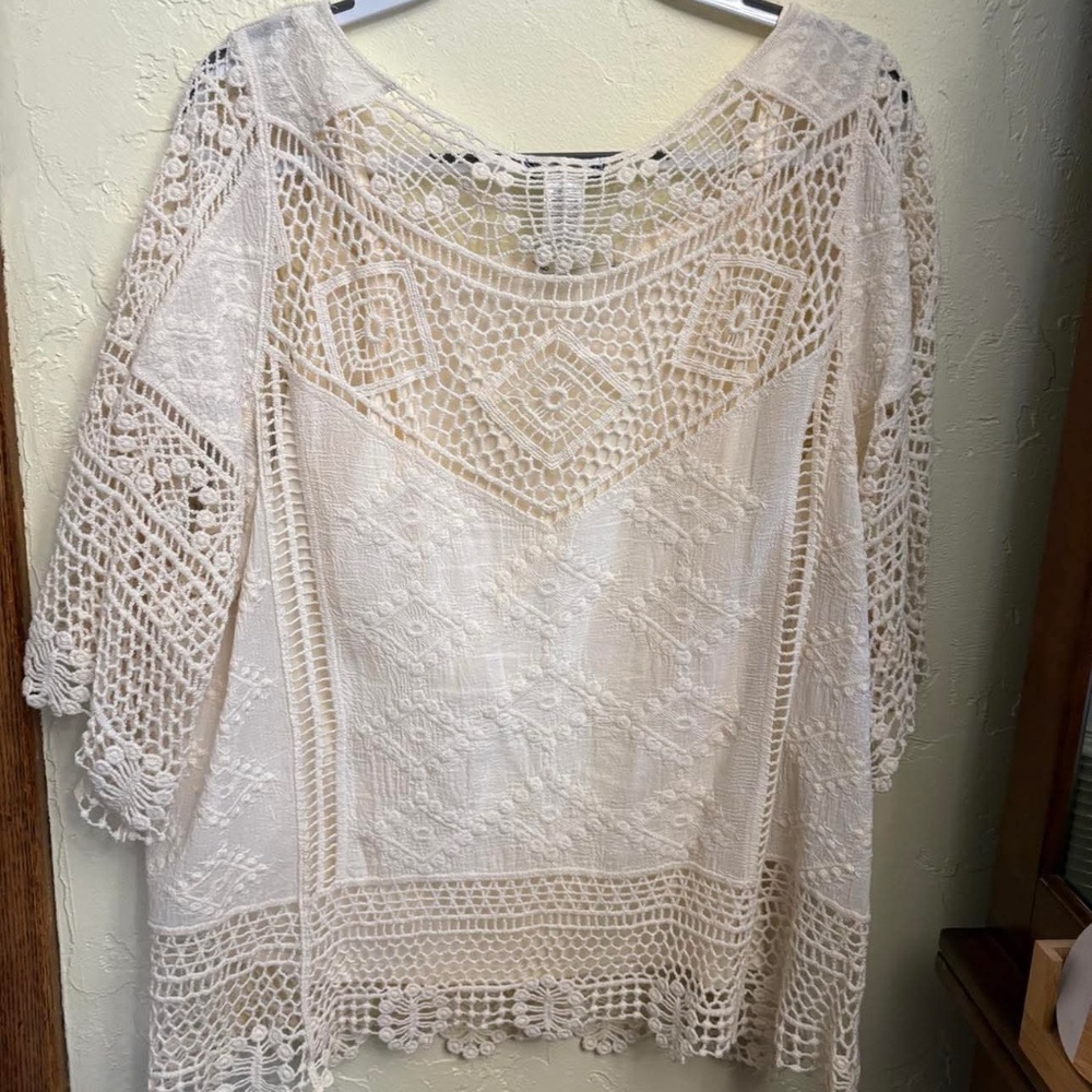 Democracy Cotton lined Lace Crochet 3/4 Sleeve Tunic Size XL excellent condition